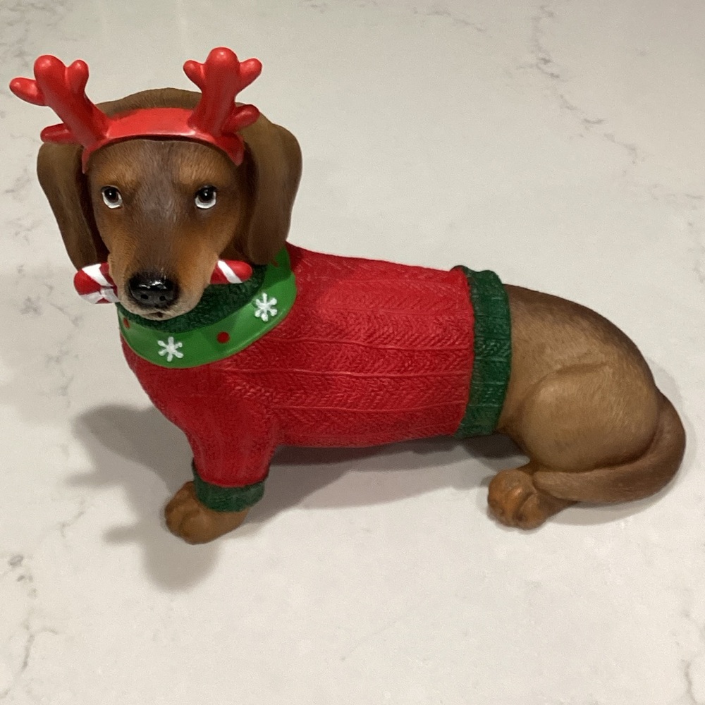 Festive Dachshund Dog Figurine with Red Sweater and Antlers